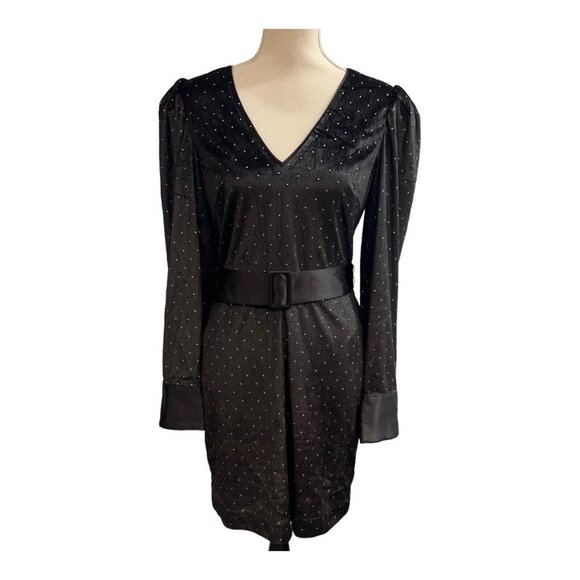 Bcbgmaxazria Womens 6 Velvet Sequin Mini Dress Puff Sleeve ALine Belted Cocktail - Picture 1 of 8